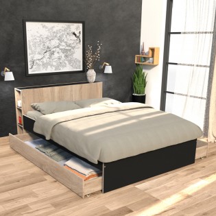 Bett RIGA mit Schubladen / Bett 160x200 - Schwarz und gebleichte Eiche Dekor
