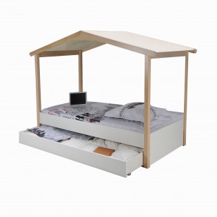 Hausbett CASTEL mit Schublade / Kinderbett 90x190 - Weiß und naturfarben