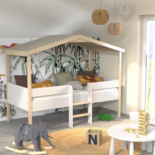 Hausbett PILOTI mit Lattenrost / Kinderbett 90x190 - Weiß und Naturholz