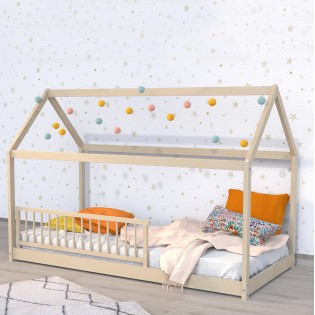 Hausbett PANDA mit Lattenrost undGitter/ Kinderbett 90x190 cm - Naturfarben