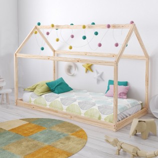 Hausbett PANDA mit Lattenrost / Kinderbett 90x200 cm - Naturholz