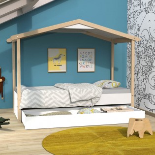 Hausbett 90x190 CASTEL + Schublade / Weiß und naturfarben