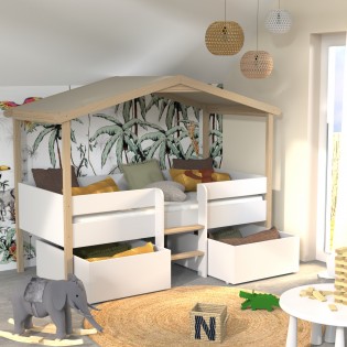 Hausbett PILOTI mit 2 Schubladen/ Kinderbett 90x200 - Weiß und naturfarben
