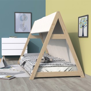 HAUSBETT TIPI / Kinderbett 90x190 mit Stoff und Lattenrost- Naturfarbe und Weiß Stoff