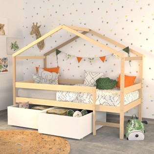 Hausbett MIKA mit Schubladen/ Kinderbett 90x190 - Naturholz