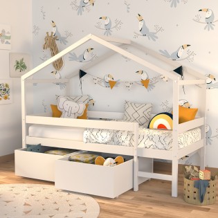 Hausbett MIKA mit Schubladen / Kinderbett 90x190 - Weiß