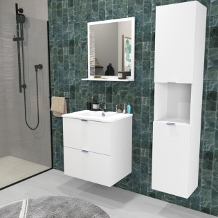 Waschtischunterschrank MALAGA 60 cm + Waschbecken + Spiegel + Säule / Weiß