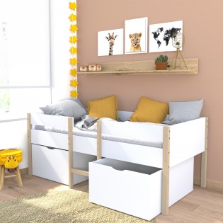 Kinderbett 90x190 ZEPHIR + 2 Schubladen + Lattenrost / Weiß & Naturlack