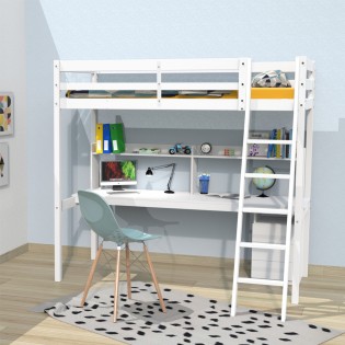Hochbett STUDIO mit Schreibtisch Regal/ Hochbett 90x190 - Weiß
