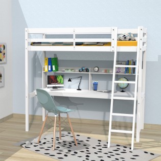 Hochbett STUD mit Schreibtisch und Regal/ Hochbett 90X190 - Weiß