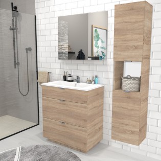 Ensemble meubles salle de bain 90 cm Bois + vasque + armoire miroir WADERN  Matière Bois Couleur Bois