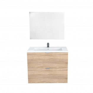 Waschbeckenunterschrank mit 2 Schubladen MALAGA 80 cm + Waschbecken + Spiegel / Gebleichte Eiche