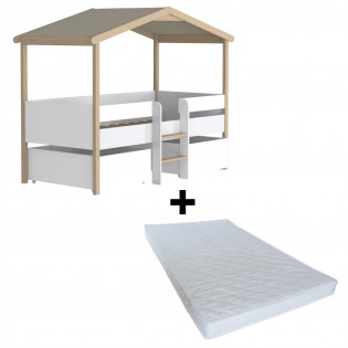 Hausbett mit Matratze und Schubladen/ Kinderbett 90x190 PILOTI - Weiß und naturfarben